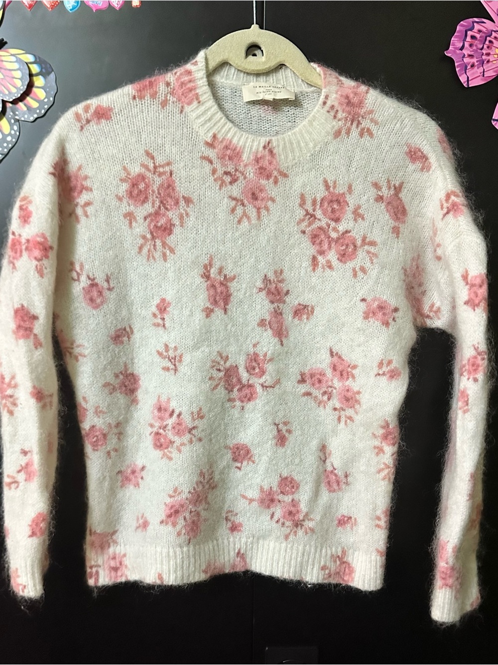Sezane Cream Fuzzy Crewneck Sweater with Pink Floral Print S